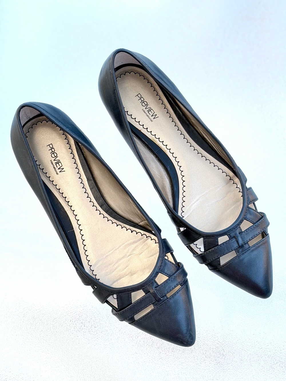 PREVIEW International Navy Blue Cutout Pointed-Toe Leather Ballet Flat Shoes, 7M